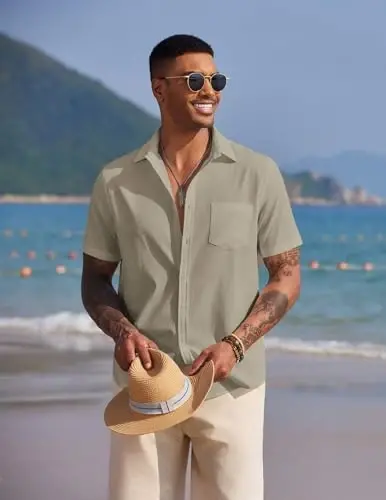 COOFANDY Men's Casual Summer Beach Wrinkle Free Shirts Short Sleeve Button Down Lightweight Untucked Textured Shirt - 2