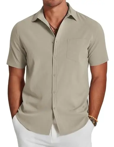 COOFANDY Men's Casual Summer Beach Wrinkle Free Shirts Short Sleeve Button Down Lightweight Untucked Textured Shirt - MODAZONE