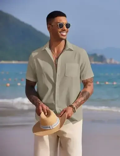 COOFANDY Men's Casual Summer Beach Wrinkle Free Shirts Short Sleeve Button Down Lightweight Untucked Textured Shirt - 2