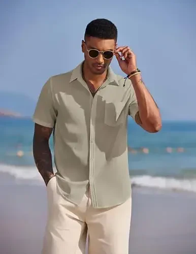 COOFANDY Men's Casual Summer Beach Wrinkle Free Shirts Short Sleeve Button Down Lightweight Untucked Textured Shirt - 3