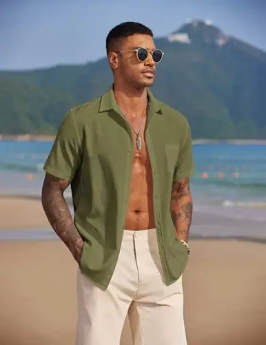 COOFANDY Men's Casual Summer Beach Wrinkle Free Shirts Short Sleeve Button Down Lightweight Untucked Textured Shirt - 4