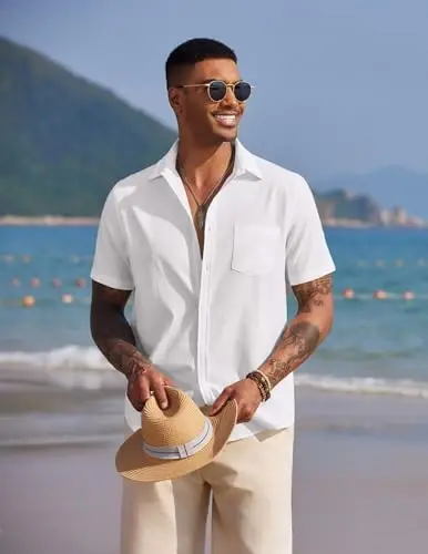 COOFANDY Men's Casual Summer Beach Wrinkle Free Shirts Short Sleeve Button Down Lightweight Untucked Textured Shirt - 2