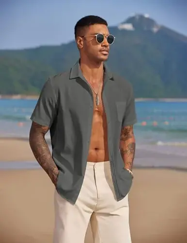 COOFANDY Men's Casual Summer Beach Wrinkle Free Shirts Short Sleeve Button Down Lightweight Untucked Textured Shirt - 5
