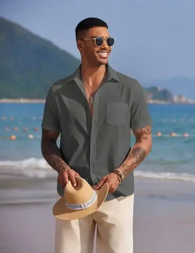 COOFANDY Men's Casual Summer Beach Wrinkle Free Shirts Short Sleeve Button Down Lightweight Untucked Textured Shirt - 3