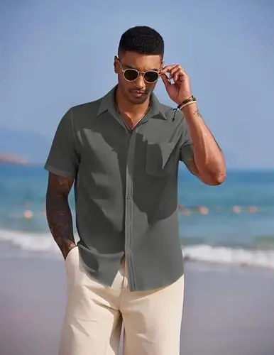 COOFANDY Men's Casual Summer Beach Wrinkle Free Shirts Short Sleeve Button Down Lightweight Untucked Textured Shirt - 4