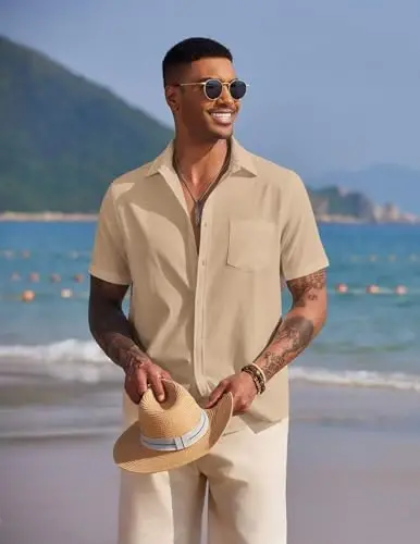 COOFANDY Men's Casual Summer Beach Wrinkle Free Shirts Short Sleeve Button Down Lightweight Untucked Textured Shirt - 2