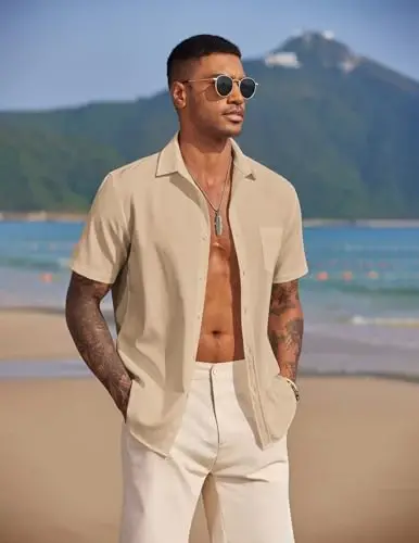 COOFANDY Men's Casual Summer Beach Wrinkle Free Shirts Short Sleeve Button Down Lightweight Untucked Textured Shirt - 4