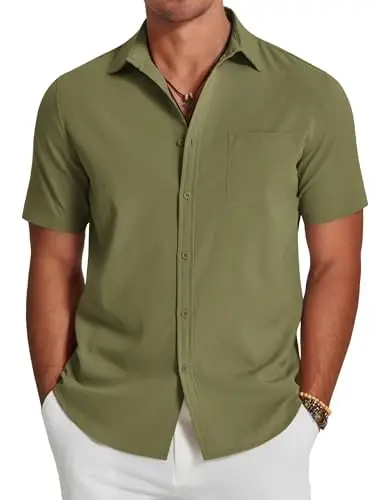 COOFANDY Men's Casual Summer Beach Wrinkle Free Shirts Short Sleeve Button Down Lightweight Untucked Textured Shirt - 1