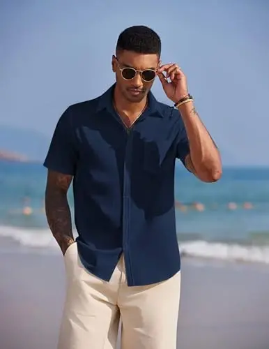 COOFANDY Men's Casual Summer Beach Wrinkle Free Shirts Short Sleeve Button Down Lightweight Untucked Textured Shirt - 5