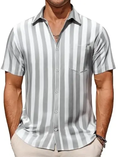 COOFANDY Men's Casual Summer Beach Wrinkle Free Shirts Short Sleeve Button Down Lightweight Untucked Textured Shirt - 1
