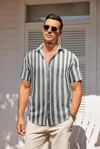 COOFANDY Men's Casual Summer Beach Wrinkle Free Shirts Short Sleeve Button Down Lightweight Untucked Textured Shirt - 4