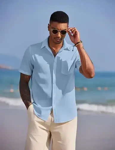 COOFANDY Men's Casual Summer Beach Wrinkle Free Shirts Short Sleeve Button Down Lightweight Untucked Textured Shirt - 3