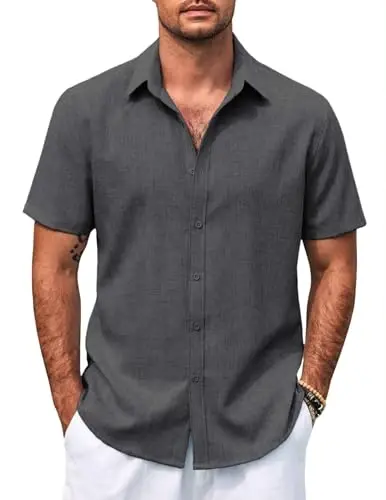 COOFANDY Men's Casual Summer Beach Wrinkle Free Shirts Short Sleeve Button Down Lightweight Untucked Textured Shirt 