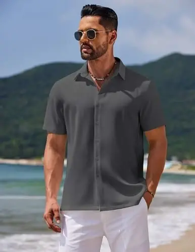 COOFANDY Men's Casual Summer Beach Wrinkle Free Shirts Short Sleeve Button Down Lightweight Untucked Textured Shirt - COOFANDY (1)