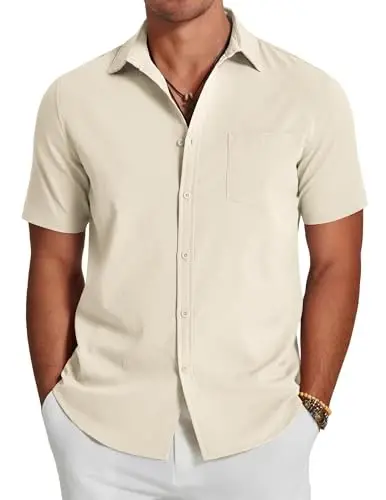 COOFANDY Men's Casual Summer Beach Wrinkle Free Shirts Short Sleeve Button Down Lightweight Untucked Textured Shirt - 1