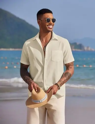 COOFANDY Men's Casual Summer Beach Wrinkle Free Shirts Short Sleeve Button Down Lightweight Untucked Textured Shirt - 2