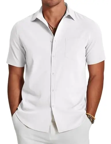 COOFANDY Men's Casual Summer Beach Wrinkle Free Shirts Short Sleeve Button Down Lightweight Untucked Textured Shirt - MODAZONE