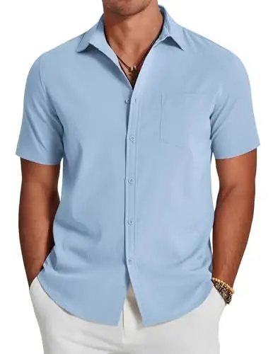 COOFANDY Men's Casual Summer Beach Wrinkle Free Shirts Short Sleeve Button Down Lightweight Untucked Textured Shirt - 2