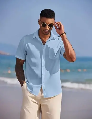 COOFANDY Men's Casual Summer Beach Wrinkle Free Shirts Short Sleeve Button Down Lightweight Untucked Textured Shirt - 4