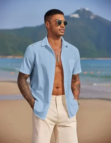 COOFANDY Men's Casual Summer Beach Wrinkle Free Shirts Short Sleeve Button Down Lightweight Untucked Textured Shirt - 5