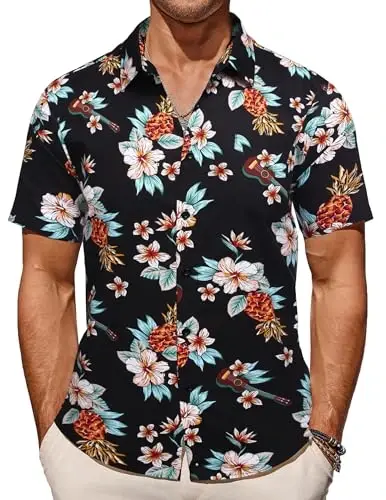 COOFANDY Men's Casual Summer Beach Wrinkle Free Shirts Short Sleeve Button Down Lightweight Untucked Textured Shirt - COOFANDY