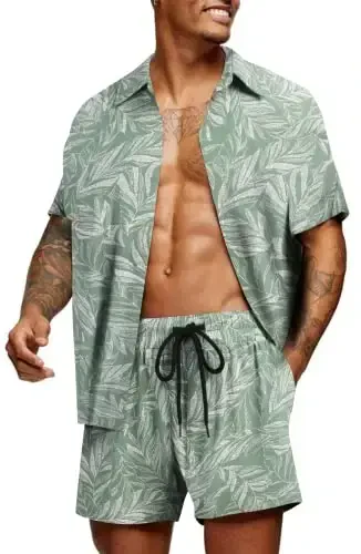 COOFANDY Men's Hawaiian Matching Set Summer Beach 2 Piece Outfits Flower Button Down Shirts and Shorts Vacation Outfits 