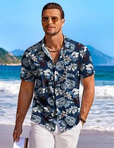 COOFANDY Men's Hawaiian Shirt Short Sleeve Floral Button Down Shirts Tropical Holiday Beach Shirts - 2