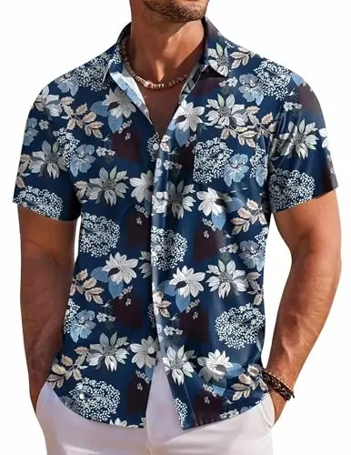 COOFANDY Men's Hawaiian Shirt Short Sleeve Floral Button Down Shirts Tropical Holiday Beach Shirts - 1
