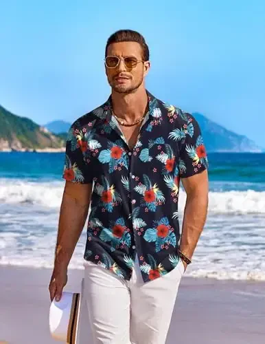 COOFANDY Men's Hawaiian Shirt Short Sleeve Floral Button Down Shirts Tropical Holiday Beach Shirts - 3