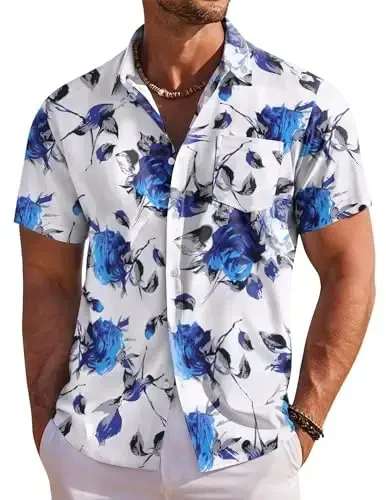 COOFANDY Men's Hawaiian Shirt Short Sleeve Floral Button Down Shirts Tropical Holiday Beach Shirts - COOFANDY