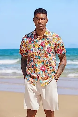 COOFANDY Mens Hawaiian Tropical Shirt Short Sleeve Casual Button Down Floral Summer Beach Shirts with Pocket - 3