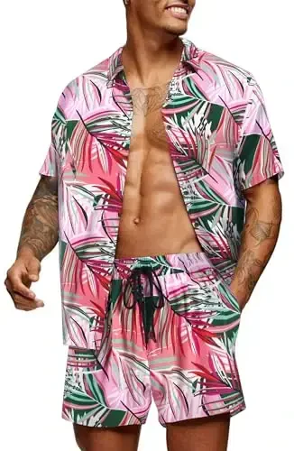 COOFANDY Men's Hawaiian Matching Set Summer Beach 2 Piece Outfits Flower Button Down Shirts and Shorts Vacation Outfits - 1