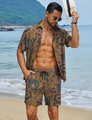 COOFANDY Men's Hawaiian Matching Set Summer Beach 2 Piece Outfits Flower Button Down Shirts and Shorts Vacation Outfits - 2