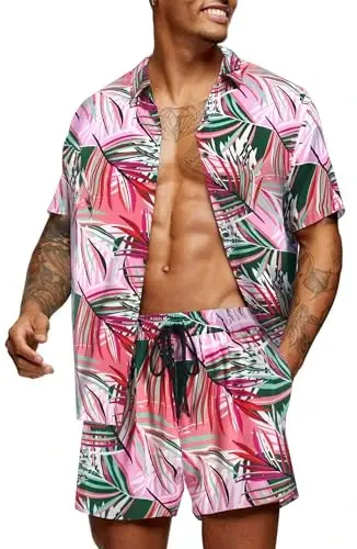 COOFANDY Men's Hawaiian Matching Set Summer Beach 2 Piece Outfits Flower Button Down Shirts and Shorts Vacation Outfits - 1