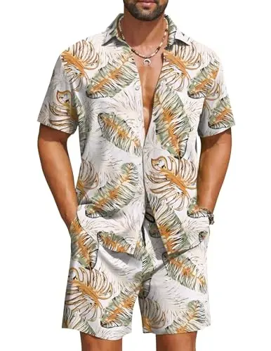 COOFANDY Men's Hawaiian Matching Set Summer Beach 2 Piece Outfits Flower Button Down Shirts and Shorts Vacation Outfits - COOFANDY