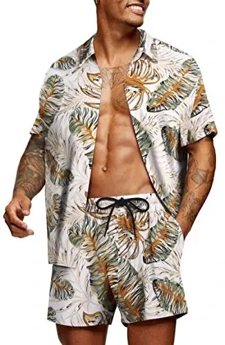 COOFANDY Men's Hawaiian Matching Set Summer Beach 2 Piece Outfits Flower Button Down Shirts and Shorts Vacation Outfits - 1