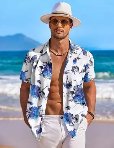 COOFANDY Men's Hawaiian Shirt Short Sleeve Floral Button Down Shirts Tropical Holiday Beach Shirts - 3