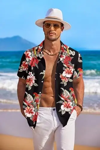 COOFANDY Men's Hawaiian Shirt Short Sleeve Floral Button Down Shirts Tropical Holiday Beach Shirts - 2