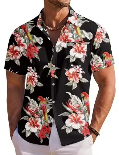COOFANDY Men's Hawaiian Shirt Short Sleeve Floral Button Down Shirts Tropical Holiday Beach Shirts - 1