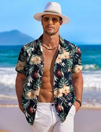 COOFANDY Men's Hawaiian Shirt Short Sleeve Floral Button Down Shirts Tropical Holiday Beach Shirts - 3