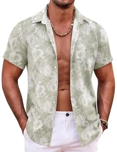 COOFANDY Men's Hawaiian Shirt Short Sleeve Floral Button Down Shirts Tropical Holiday Beach Shirts - 1