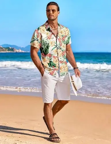 COOFANDY Men's Hawaiian Shirt Short Sleeve Floral Button Down Shirts Tropical Holiday Beach Shirts - 4