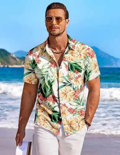 COOFANDY Men's Hawaiian Shirt Short Sleeve Floral Button Down Shirts Tropical Holiday Beach Shirts - COOFANDY (1)