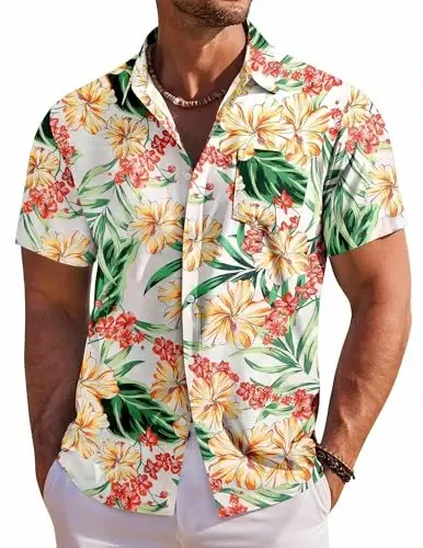COOFANDY Men's Hawaiian Shirt Short Sleeve Floral Button Down Shirts Tropical Holiday Beach Shirts - 1