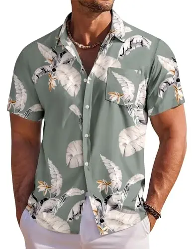 COOFANDY Men's Hawaiian Shirt Short Sleeve Floral Button Down Shirts Tropical Holiday Beach Shirts - COOFANDY