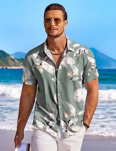 COOFANDY Men's Hawaiian Shirt Short Sleeve Floral Button Down Shirts Tropical Holiday Beach Shirts - 2