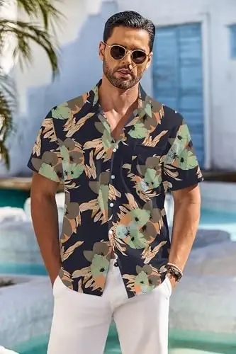 COOFANDY Men's Hawaiian Shirt Short Sleeve Floral Button Down Shirts Tropical Holiday Beach Shirts - COOFANDY (1)