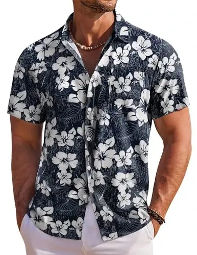 COOFANDY Men's Hawaiian Shirt Short Sleeve Floral Button Down Shirts Tropical Holiday Beach Shirts - 1
