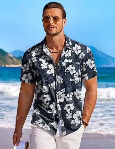 COOFANDY Men's Hawaiian Shirt Short Sleeve Floral Button Down Shirts Tropical Holiday Beach Shirts - COOFANDY (1)