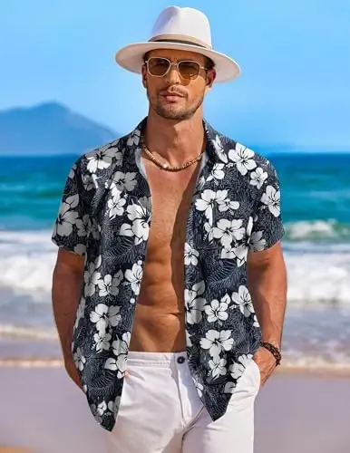 COOFANDY Men's Hawaiian Shirt Short Sleeve Floral Button Down Shirts Tropical Holiday Beach Shirts - 3